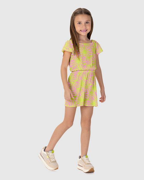 Macaquinho Infantil Menina Estampado Acinturado Em Viscose Malwee Kids