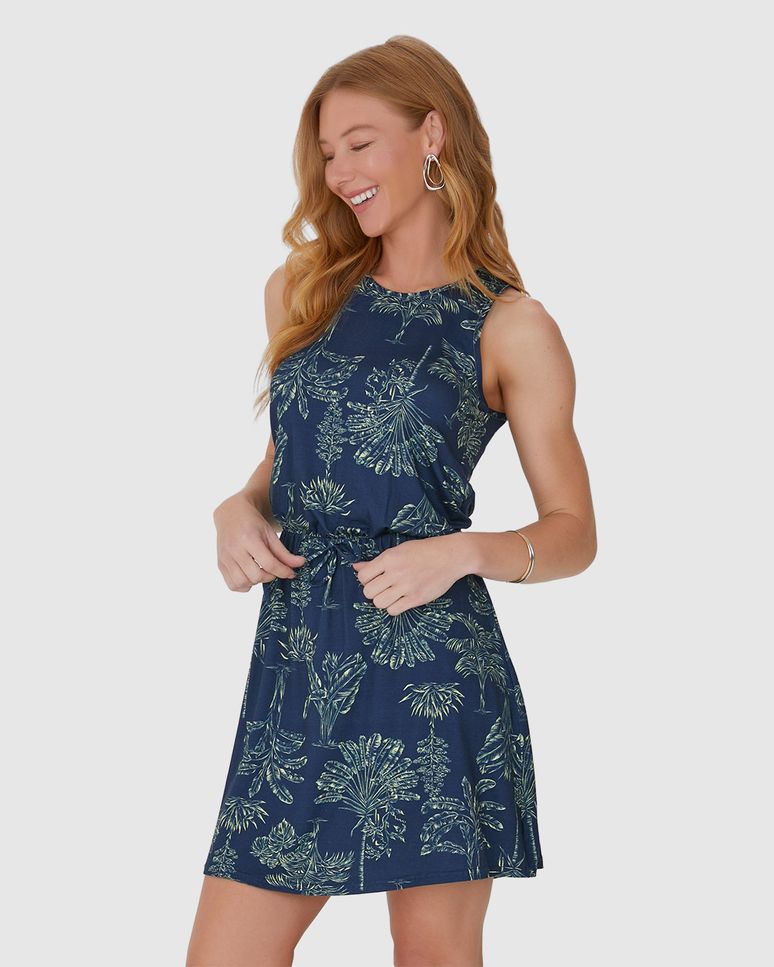Vestido Feminino Folhagem Cintura Com Elástico Em Viscose Stretch