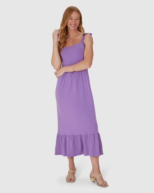 Vestido Midi Feminino Alça Babado Em Modal
