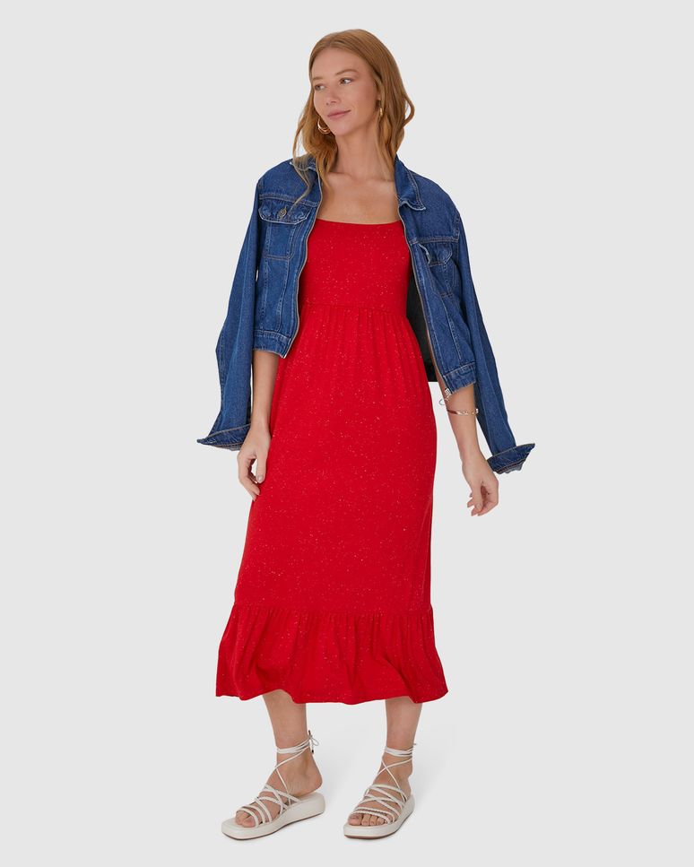 Vestido Midi Feminino Alça Babado Em Viscose Stretch