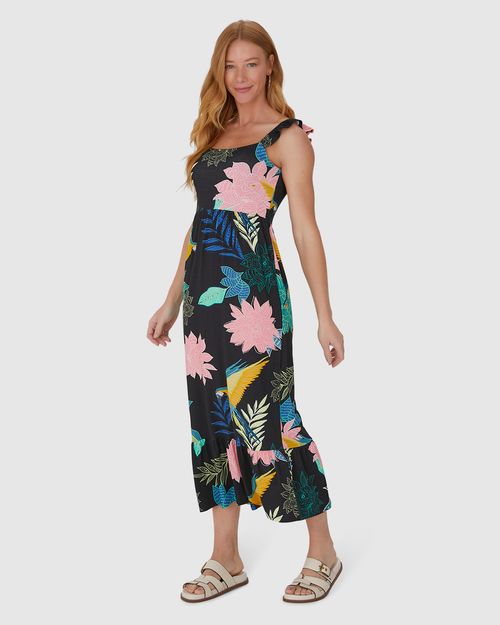 Vestido Midi Feminino Alça Babado Em Viscose Stretch