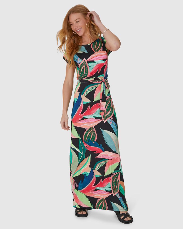 Vestido Longo Feminino Estampado Em Viscose Stretch