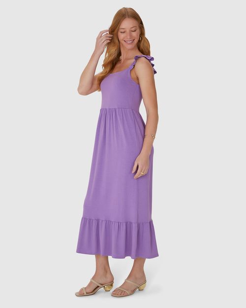 Vestido Midi Feminino Alça Babado Em Modal