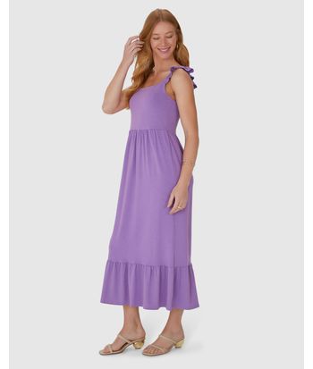 Vestido Midi Feminino Alça Babado Em Modal