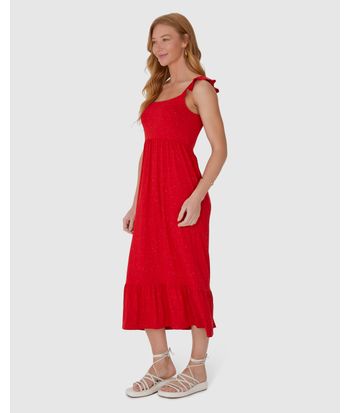 Vestido Midi Feminino Alça Babado Em Viscose Stretch
