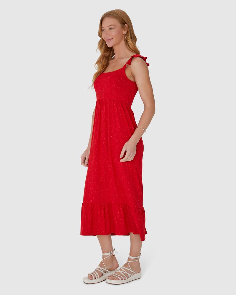 Vestido Midi Feminino Alça Babado Em Viscose Stretch