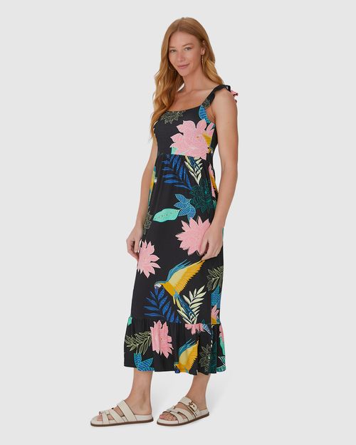 Vestido Midi Feminino Alça Babado Em Viscose Stretch