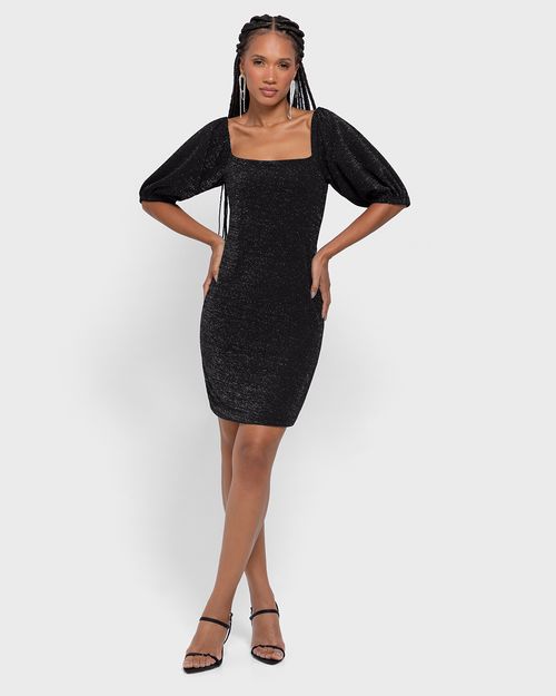 Vestido Justo Feminino Manga Bufante Em Malha Crepe Lurex - ENFIM