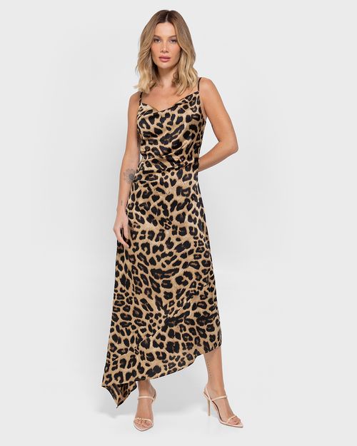 Vestido Midi Feminino Animal Print Recorte Assimétrico Em Cetim - ENFIM
