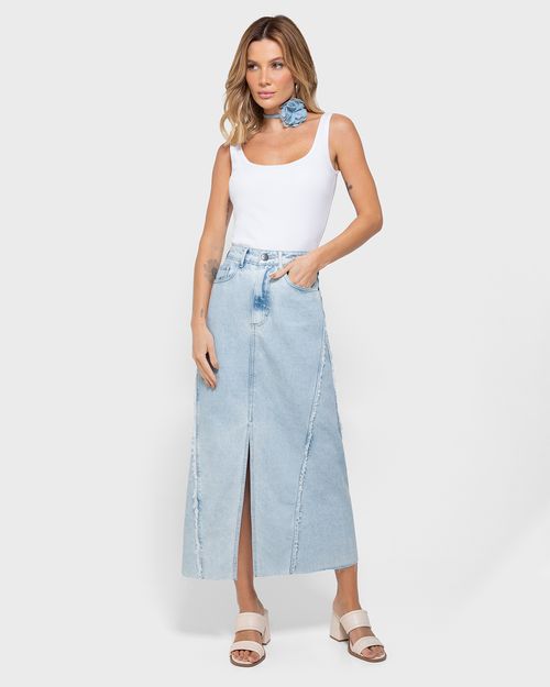 Saia Longa Feminina Fenda E Nervura Frontal Em Jeans 100% Algodão - ENFIM