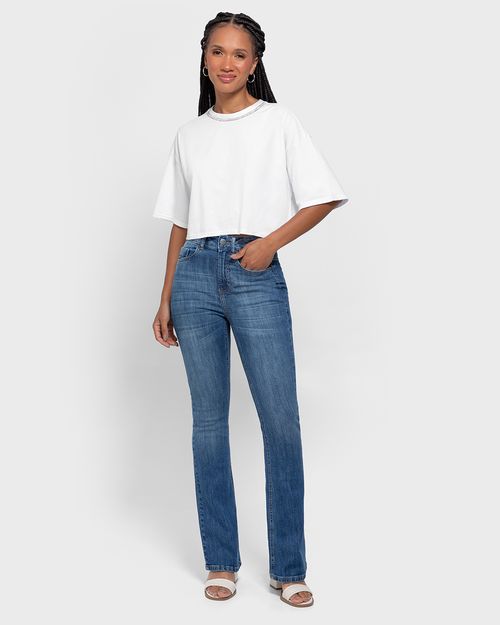 T-Shirt Cropped Feminina Gola Com Strass Em Algodão - ENFIM