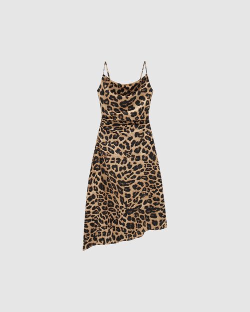 Vestido Midi Feminino Animal Print Recorte Assimétrico Em Cetim - ENFIM