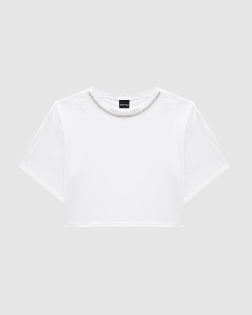 T-Shirt Cropped Feminina Gola Com Strass Em Algodão - ENFIM