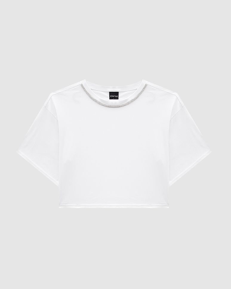 T-Shirt Cropped Feminina Gola Com Strass Em Algodão - ENFIM