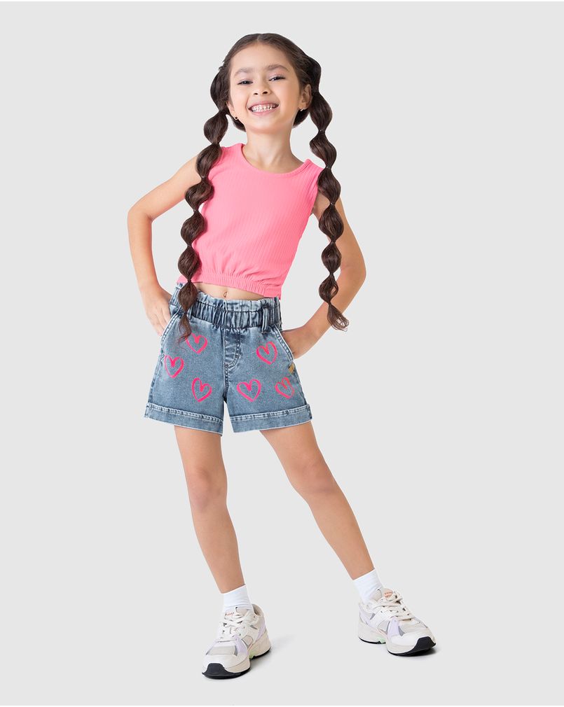 Shorts Infantil Menina Desenho Corações Em Jeans Moletom Malwee