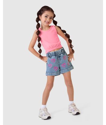 Shorts Infantil Menina Desenho Corações Em Jeans Moletom Malwee Kids