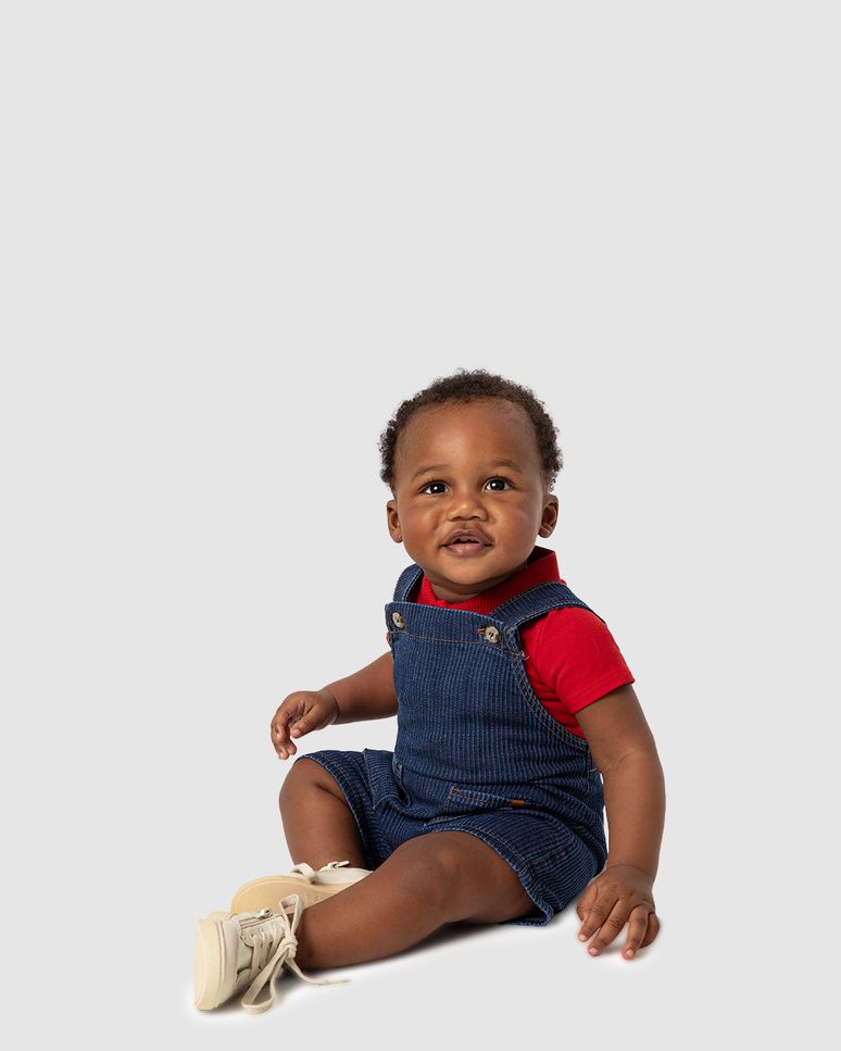 Macacão Jardineira Menino Em Jeans Listrado - Carinhoso