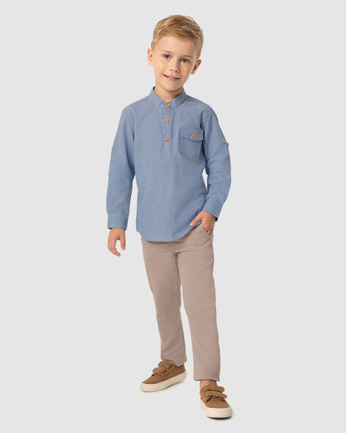 Camisa Menino Peitilho Botões Manga Longa Em Tecido Listrado - Carinhoso