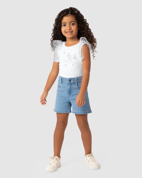 Conjunto Menina Blusa Com Manga Em Tule E Shorts Jeans - Carinhoso