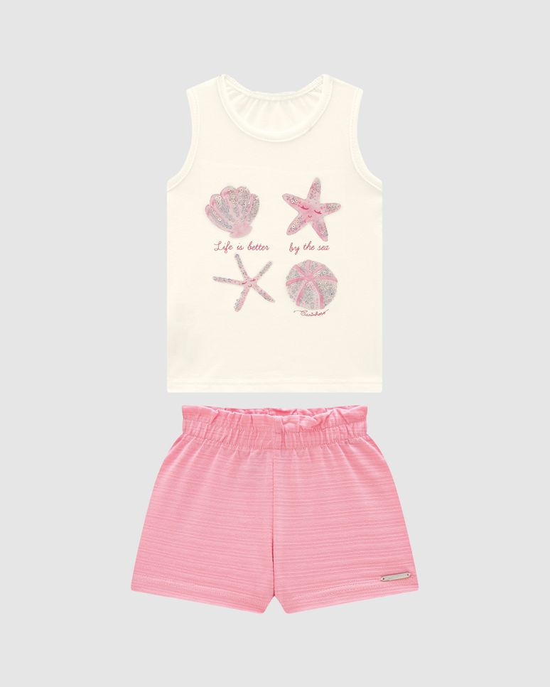 Conjunto Menina Regata Life Is Better By The Sea Em Algodão - Carinhoso
