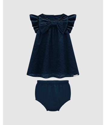 Conjunto Menina Vestido Bordado + Calcinha Em Algodão - Carinhoso