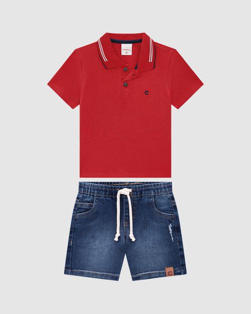 Conjunto Menino Camisa Polo E Bermuda Jeans Com Elastano - Carinhoso