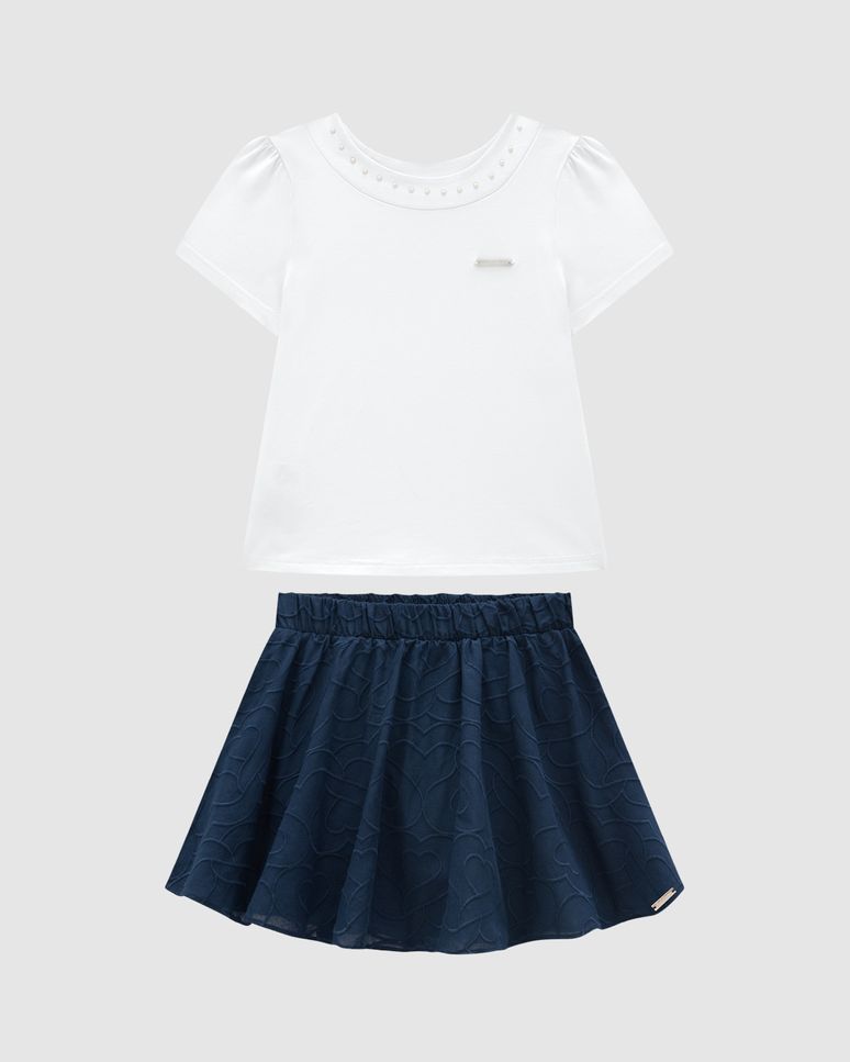 Conjunto Menina Blusa Gola Aplique De Pérolas Em Algodão - Carinhoso