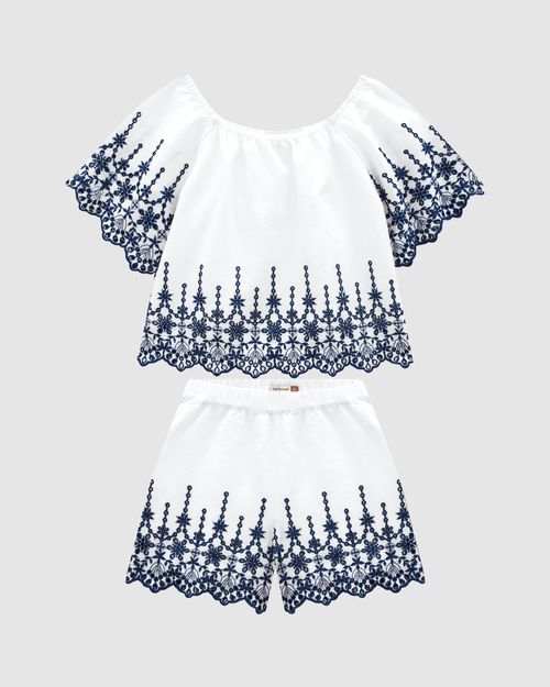 Conjunto Menina Blusa E Shorts Em Tecido Com Bordado - Carinhoso