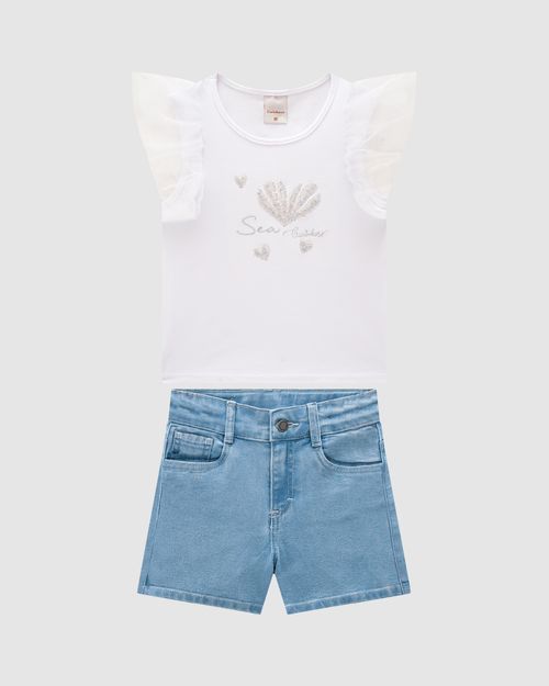 Conjunto Menina Blusa Com Manga Em Tule E Shorts Jeans - Carinhoso