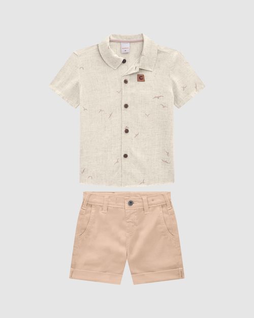 Conjunto Menino Camisa Manga Curta Em Viscolinho Texturizado - Carinhoso