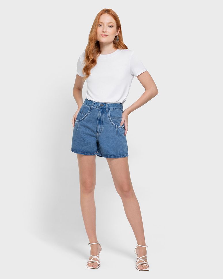 Shorts Feminino Mom Pregas Frontais Em Jeans 100% Algodão - ENFIM