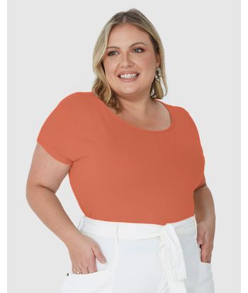 Blusa Básica Feminina Plus Size Decote Redondo Em Algodão