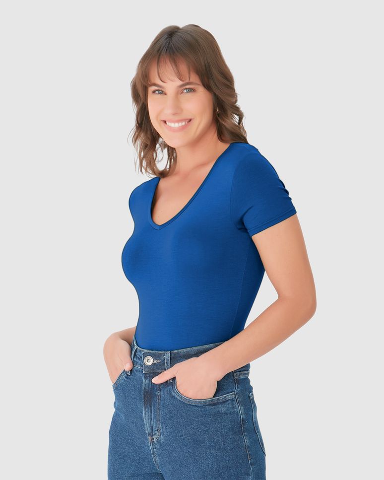 Blusa Básica Feminina Decote V Em Viscose Stretch
