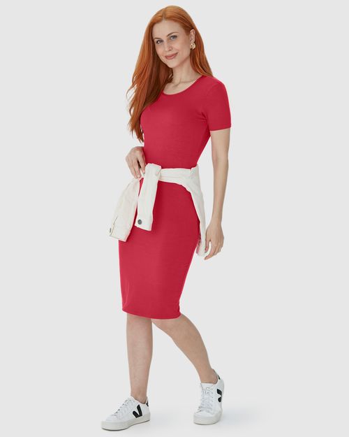Vestido Básico Feminino Manga Curta Em Viscose Stretch