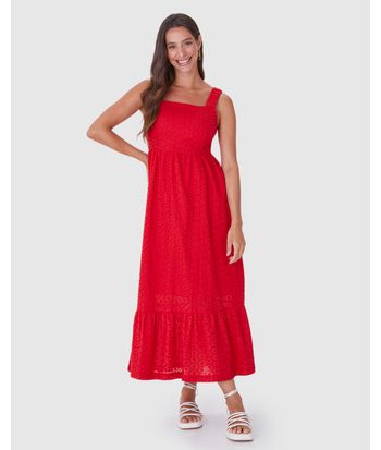 Vestido Midi Feminino Decote Reto Em Laise Algodão