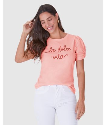 Camiseta Feminina Estampa La Dolce Vita Relevo Em Algodão