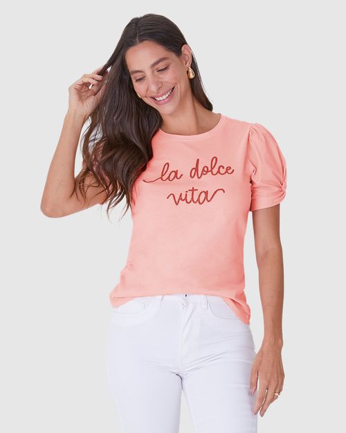 Camiseta Feminina Estampa La Dolce Vita Relevo Em Algodão
