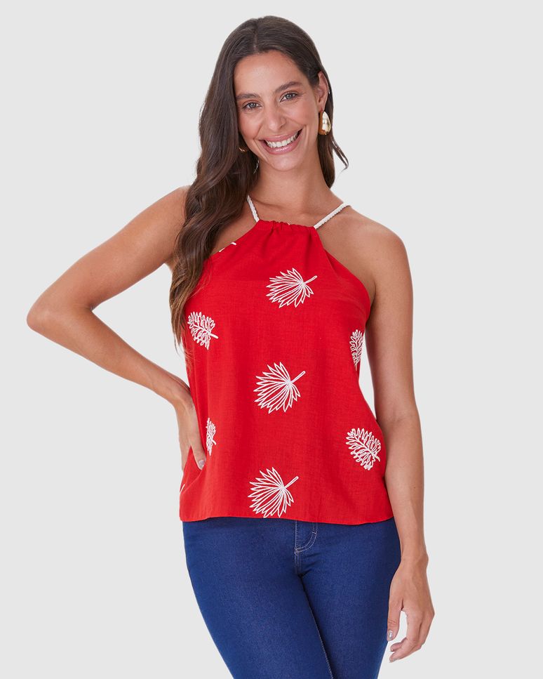 Regata Feminina Alça De Corda Em Tecido Bordado