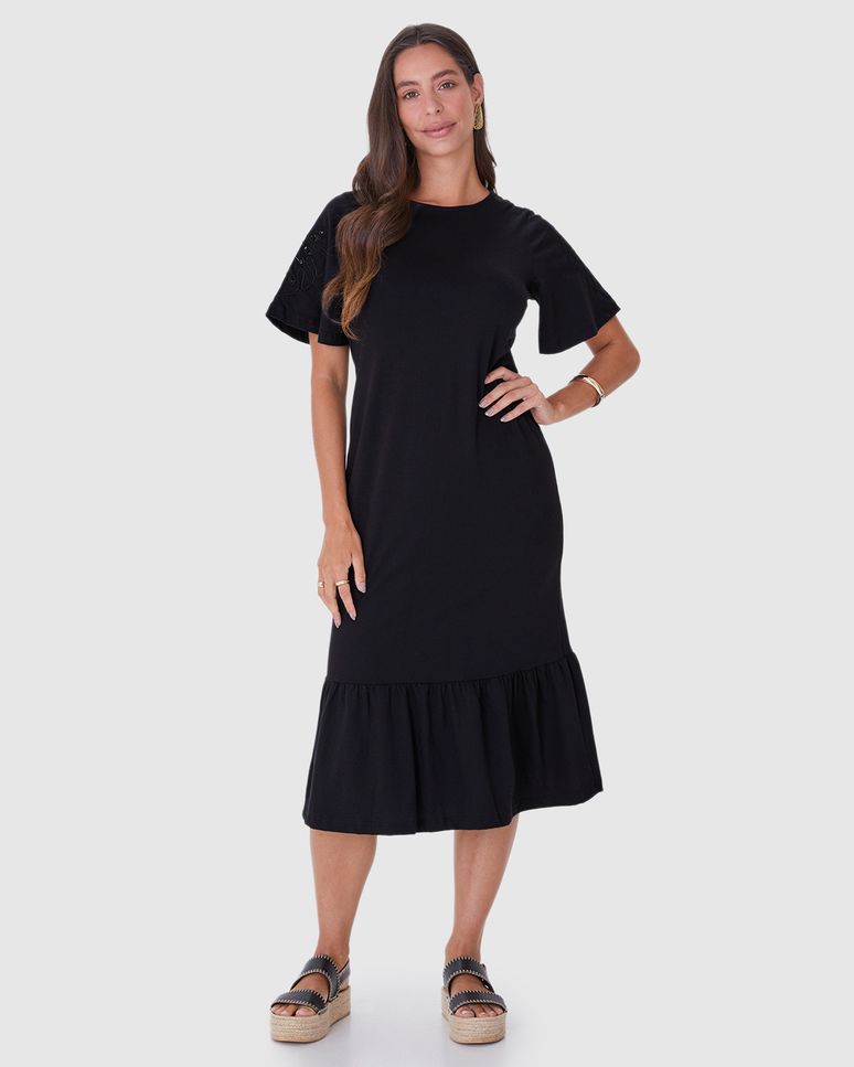 Vestido Midi Feminino Bordado Na Manga Em Malha Algodão Comfy