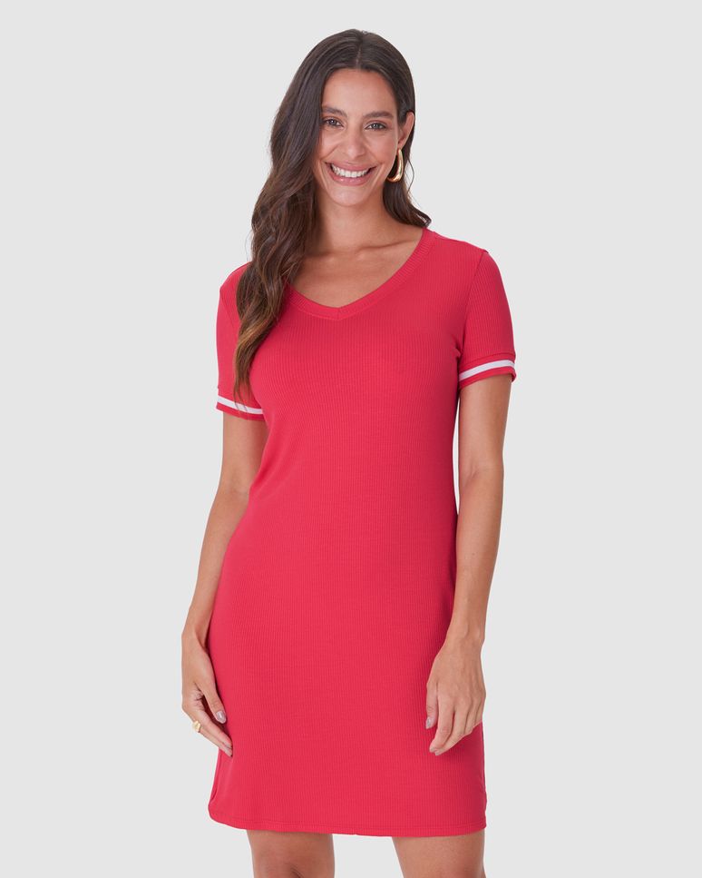 Vestido Básico Feminino Manga Retilínea Em Malha Viscose Canelada