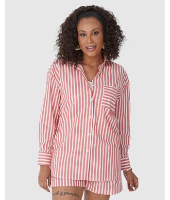 Camisa Ampla Feminina Listrada Bolso Frontal Em Algodão