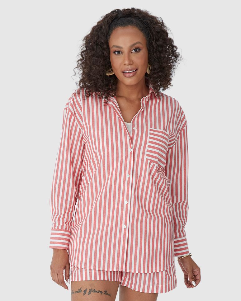 Camisa Ampla Feminina Listrada Bolso Frontal Em Algodão