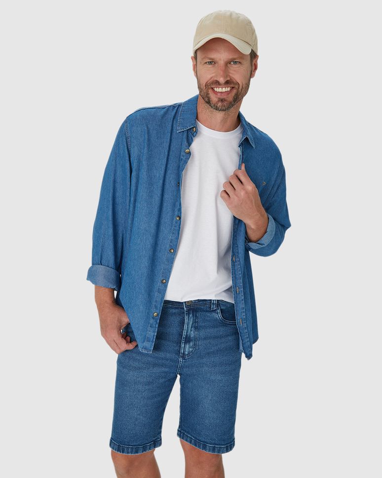 Bermuda Masculina Slim Cintura Média Em Jeans Com Elastano
