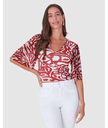 Blusa Cropped Feminina Estampada Decote V Em Tule Stretch
