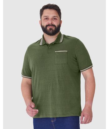 Camisa Polo Masculina Plus Size Bolso Frontal Em Malha Linho