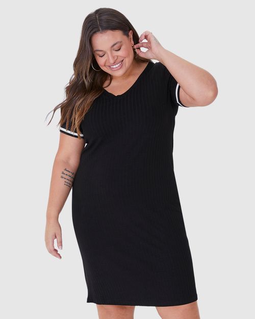 Vestido Feminino Plus Size Reto Manga Retilínea Em Canelado De Viscose
