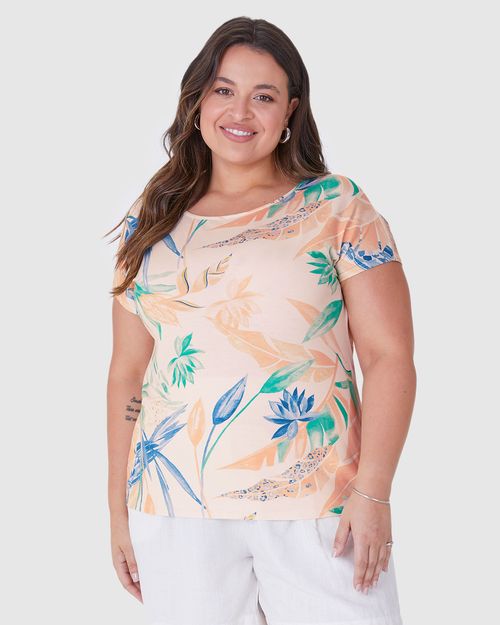 Blusa Feminina Plus Size Estampada Barra Mullet Em Viscose Stretch