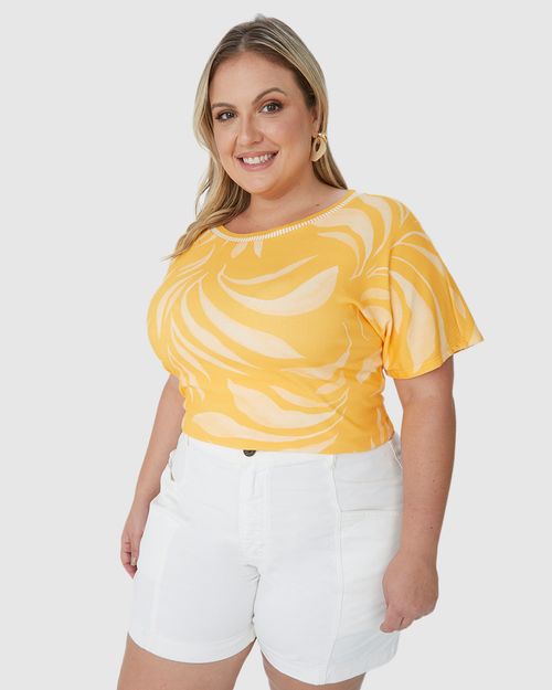 Blusa Feminina Plus Size Estampada Gola Retilínea Em Malha Canelada