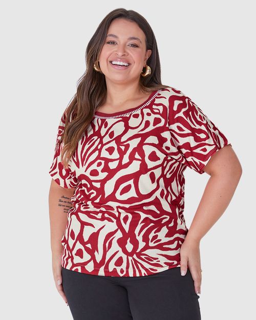 Blusa Feminina Plus Size Estampada Gola Retilínea Em Malha Canelada