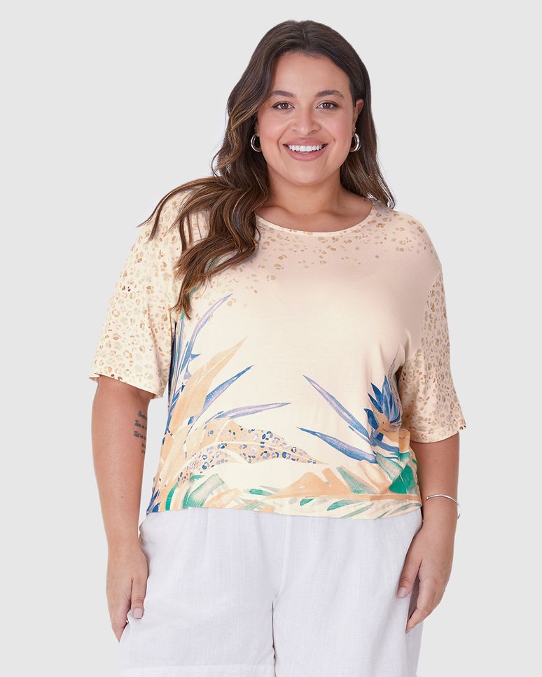 Blusa Feminina Plus Size Box Estampa Digital Em Viscose Stretch